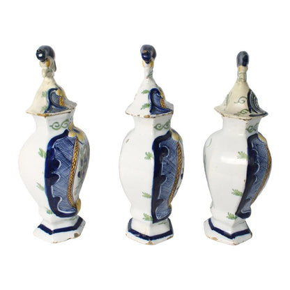 Rare 18th-Century De Klaauw Delft Cabinet Set, Hand-Painted Earthenware with Bird Finials, Polychrome, Marked, Antique Collector’s Item