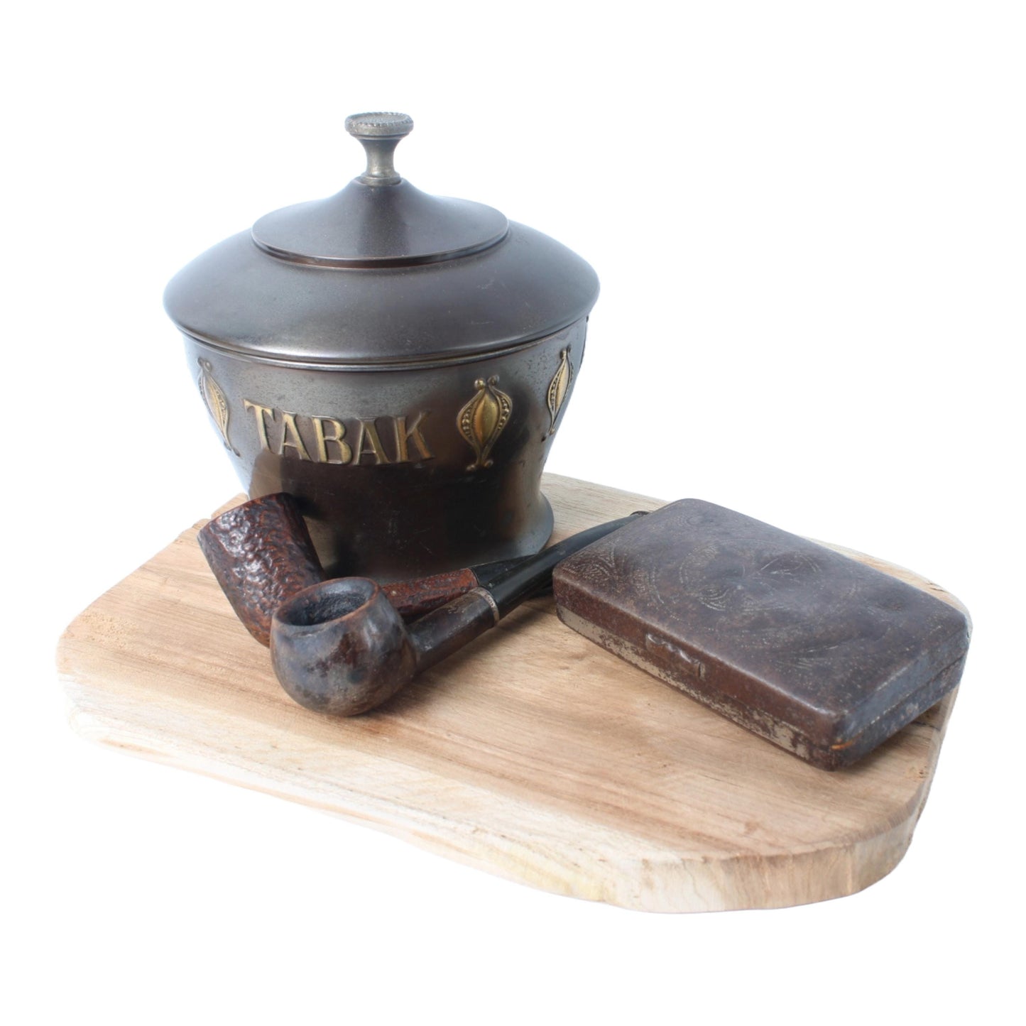 Vintage Metal Tobacco Jar with Wooden Pipes, Tin Pouch, and Wooden Base – Complete Smoking Set from circa 1930–1960, Nostalgic Gift