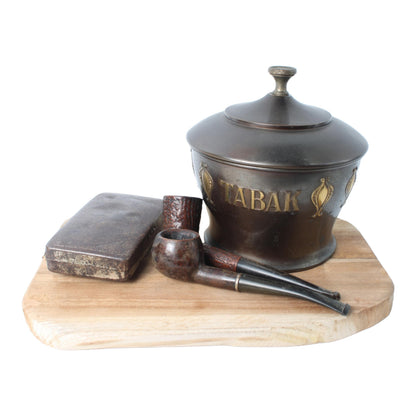 Vintage Metal Tobacco Jar with Wooden Pipes, Tin Pouch, and Wooden Base – Complete Smoking Set from circa 1930–1960, Nostalgic Gift