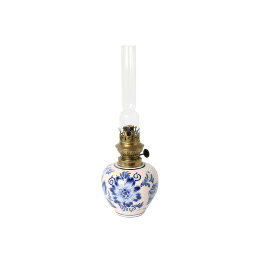Hand-painted Delft Blue oil lamp with brass burner and glass chimney, vintage oil lamp, 34 cm high, circa 1950