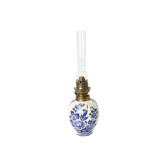 Vintage Delft Blue oil lamp with octagonal base, hand-painted pottery, brass burner, and glass chimney, Holland circa 1960
