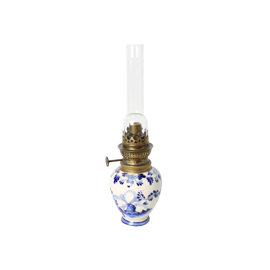 Vintage Delft Blue Oil Lamp with Hand-Painted Windmill Scene, Porcelain Base, Brass Burner, and Glass Chimney – c. 1975