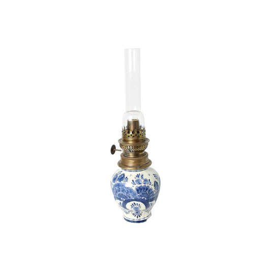 Hand-painted Delft Blue oil lamp with brass burner and glass chimney, vintage petroleum lamp, Dutch heritage decoration