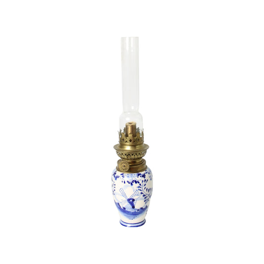 Vintage Delft Blue Oil Lamp with Windmill Motif | Hand-Painted Oil Lamp with Brass Burner & Glass Chimney, Working Condition