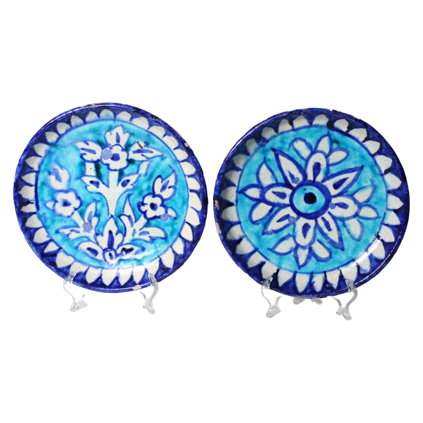 Antique Persian Wall Plates – Set of 2 | Blue and Turquoise Ceramic with Floral and Geometric Patterns | 19th Century Qajar Style