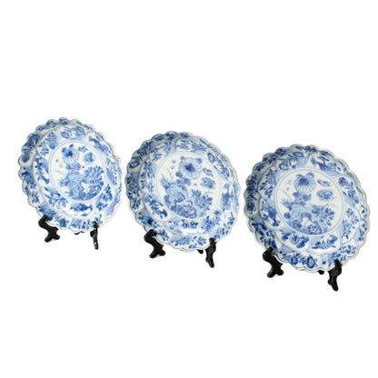 Set of Three Antique Kangxi Plates from China (1662–1722) – Blue and White Porcelain with Floral Decoration – Rare Qing Dynasty Export