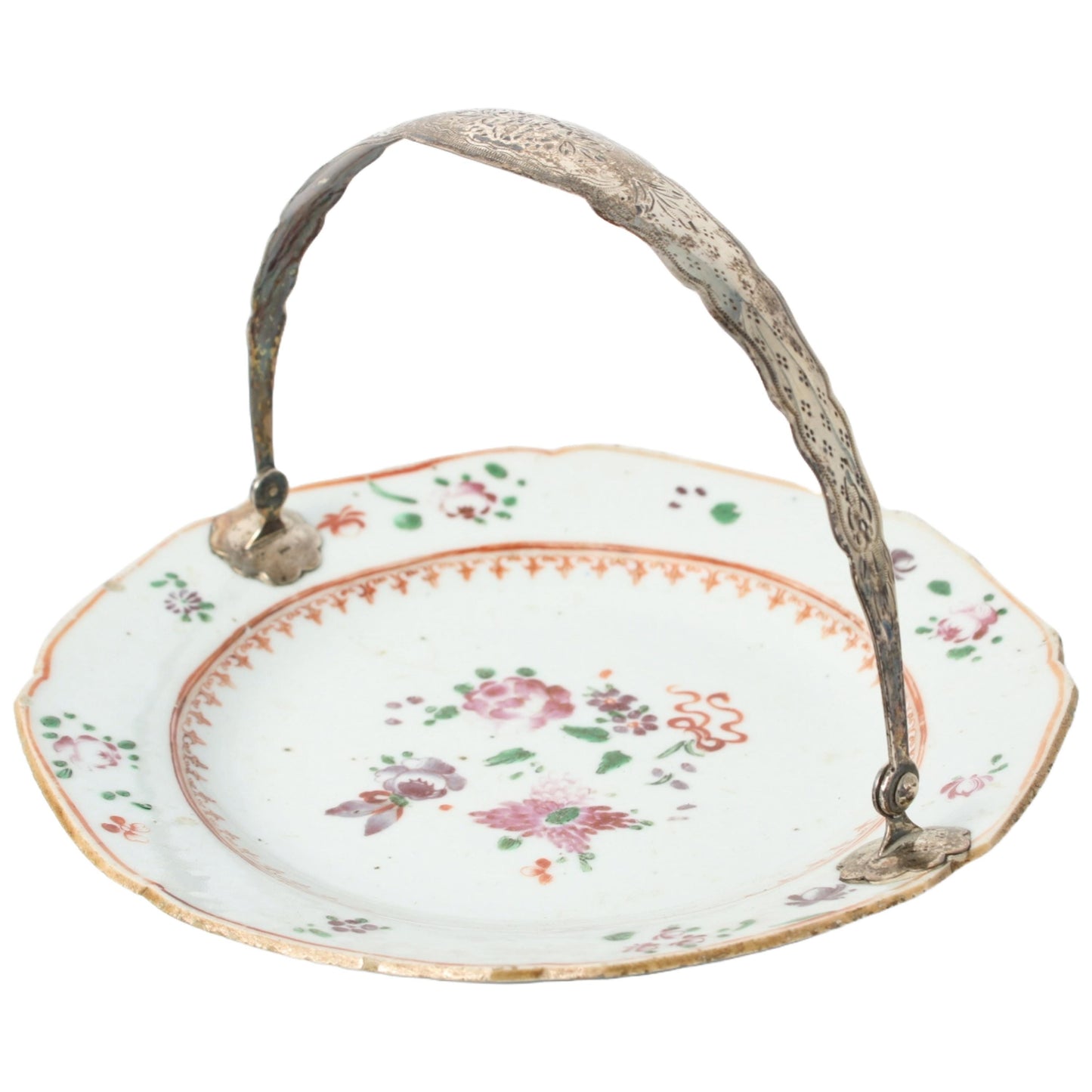 18th-Century Chinese Basket Dish with Silver Handle | Famille Rose Porcelain with European Mount | Qianlong Period (ca. 1736–1795)