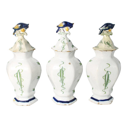 Rare 18th-Century De Klaauw Delft Cabinet Set, Hand-Painted Earthenware with Bird Finials, Polychrome, Marked, Antique Collector’s Item