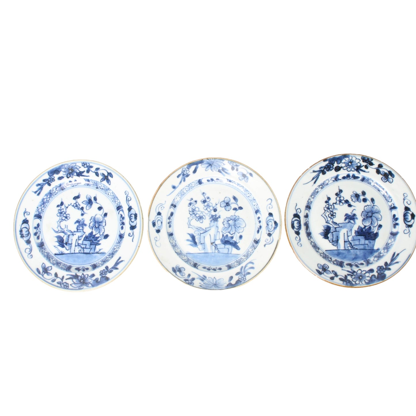 Set of Three 18th-Century Chinese Kangxi/Yongzheng Porcelain Dishes with Floral Blue-and-White Decoration, ca. 1700–1730
