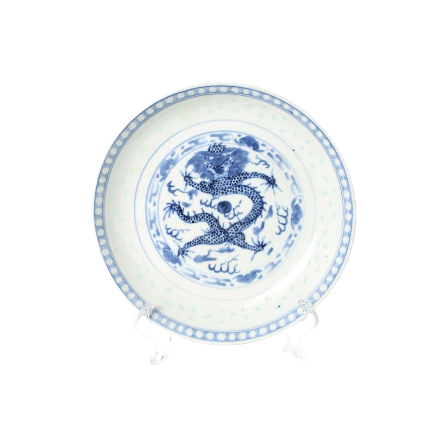 Rare Chinese Porcelain Dragon Plate with Five-Clawed Dragon, Guangxu Period (1875–1908), Underglaze Blue & Transparent Glaze