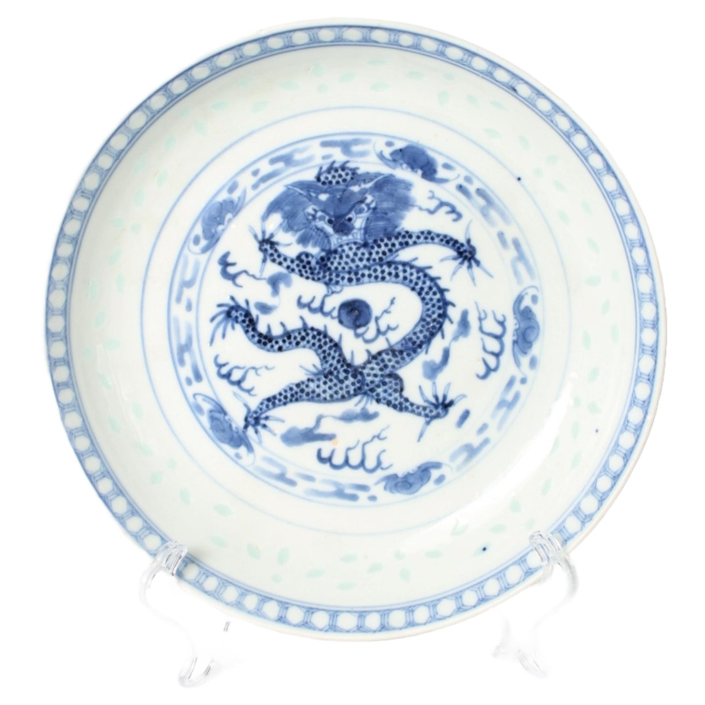 Rare Chinese Porcelain Dragon Plate with Five-Clawed Dragon, Guangxu Period (1875–1908), Underglaze Blue & Transparent Glaze