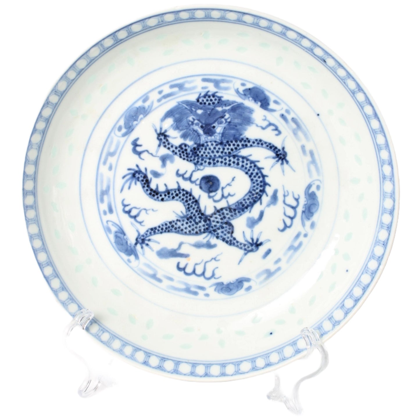 Rare Chinese Porcelain Dragon Plate with Five-Clawed Dragon, Guangxu Period (1875–1908), Underglaze Blue & Transparent Glaze