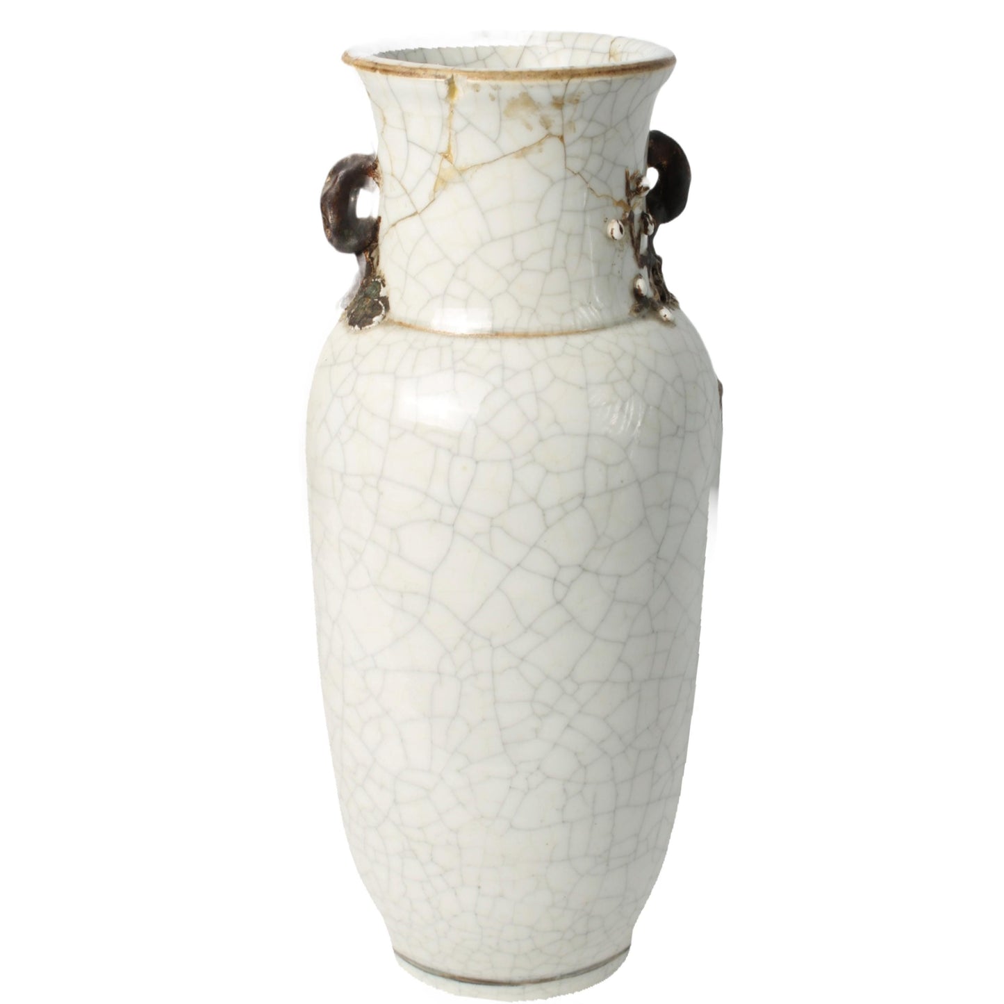 Rare Antique Chinese Nanking Crackle Vase with Bronze-Colored Relief Dragon, Handmade circa 1880–1920, Export Porcelain