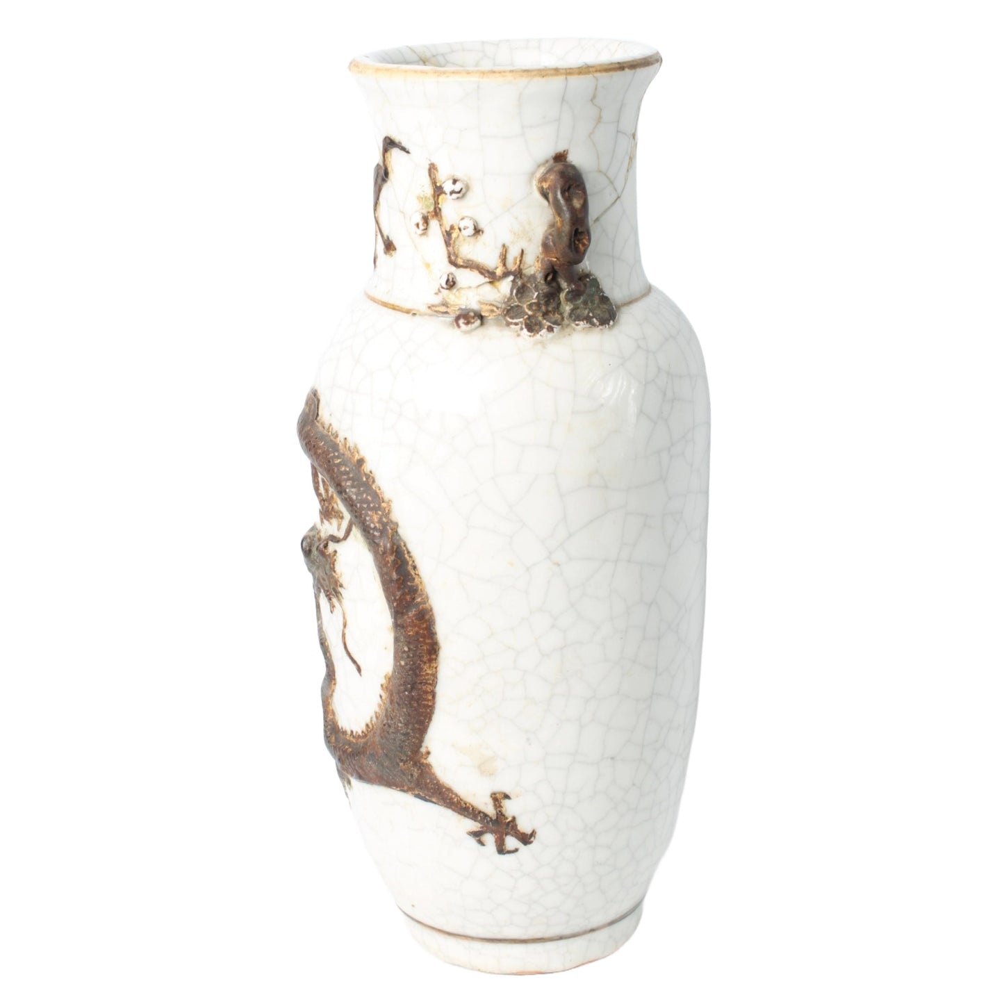 Rare Antique Chinese Nanking Crackle Vase with Bronze-Colored Relief Dragon, Handmade circa 1880–1920, Export Porcelain