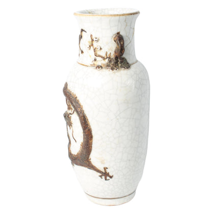 Rare Antique Chinese Nanking Crackle Vase with Bronze-Colored Relief Dragon, Handmade circa 1880–1920, Export Porcelain