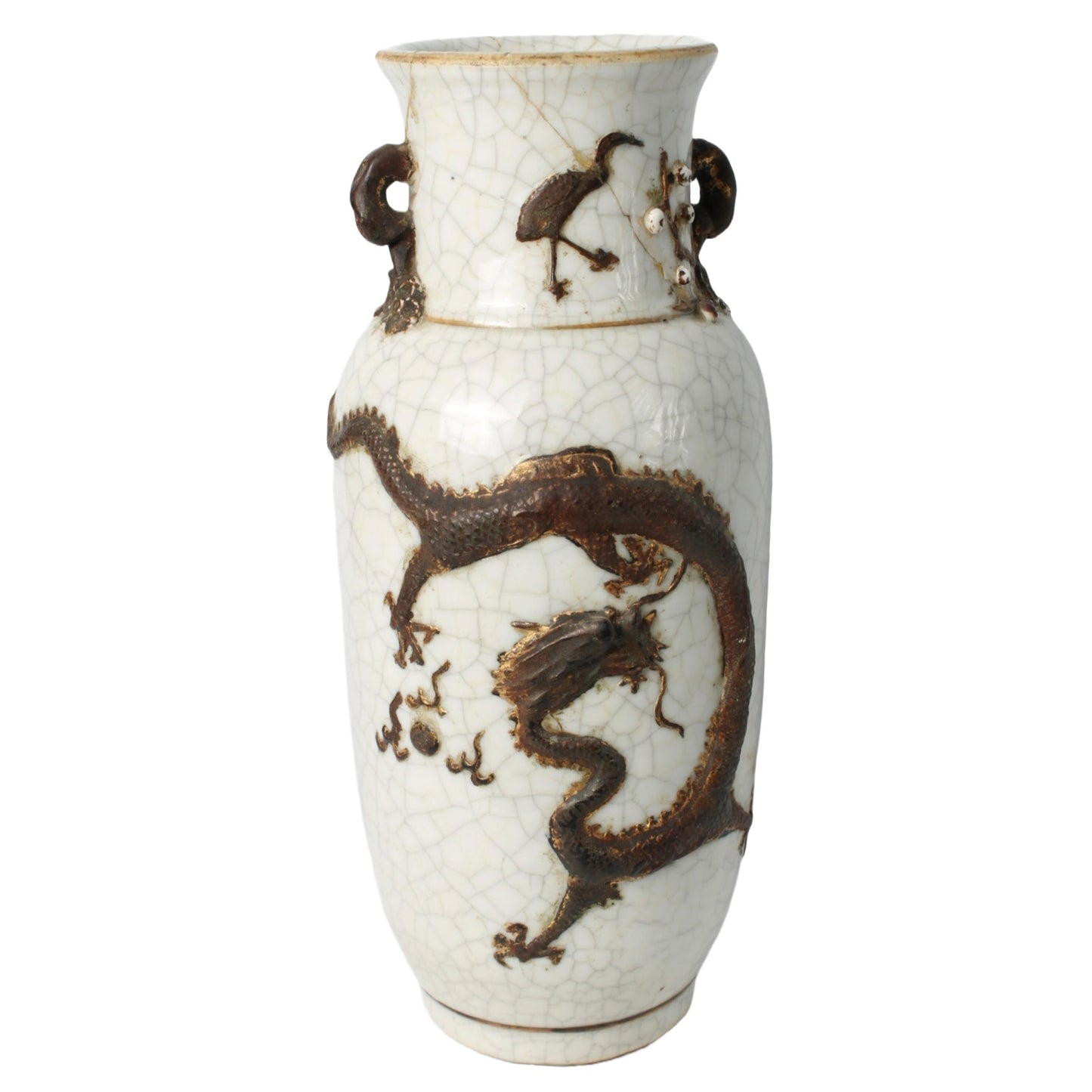 Rare Antique Chinese Nanking Crackle Vase with Bronze-Colored Relief Dragon, Handmade circa 1880–1920, Export Porcelain
