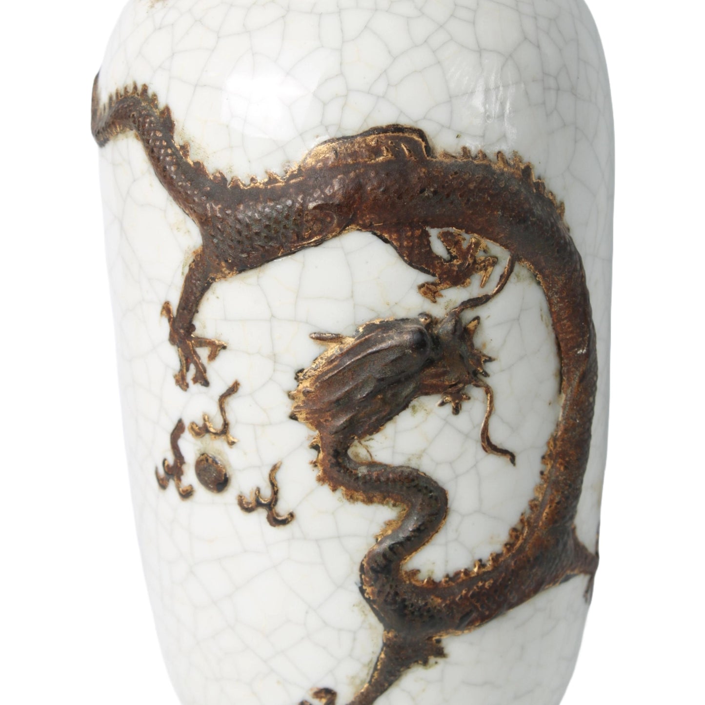 Rare Antique Chinese Nanking Crackle Vase with Bronze-Colored Relief Dragon, Handmade circa 1880–1920, Export Porcelain