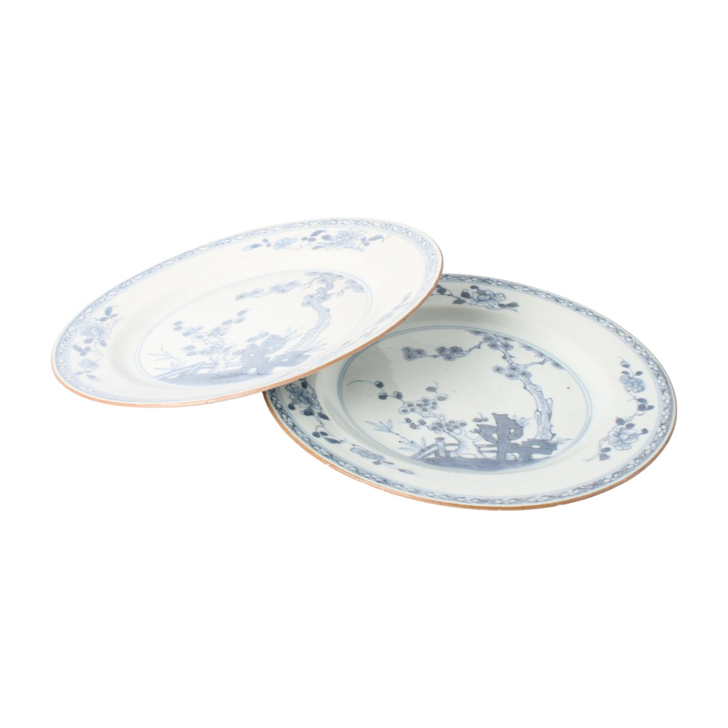 Set van twee 18e-eeuwse Chinese exportporseleinen borden met ‘Cheng Lung-merk en tuinlandschap in kobaltblauw decor - Gratis Verzending