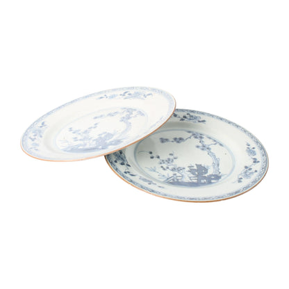 Set van twee 18e-eeuwse Chinese exportporseleinen borden met ‘Cheng Lung-merk en tuinlandschap in kobaltblauw decor - Gratis Verzending