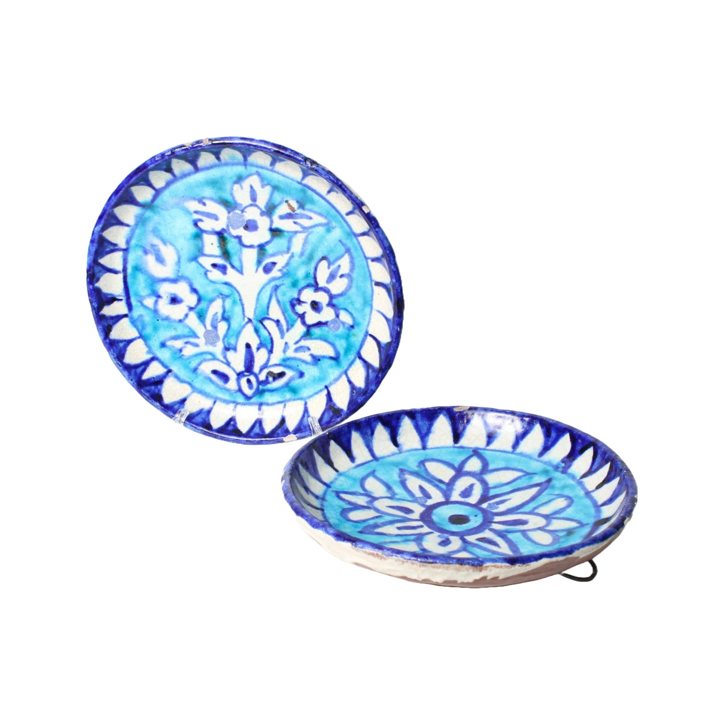 Antique Persian Wall Plates – Set of 2 | Blue and Turquoise Ceramic with Floral and Geometric Patterns | 19th Century Qajar Style
