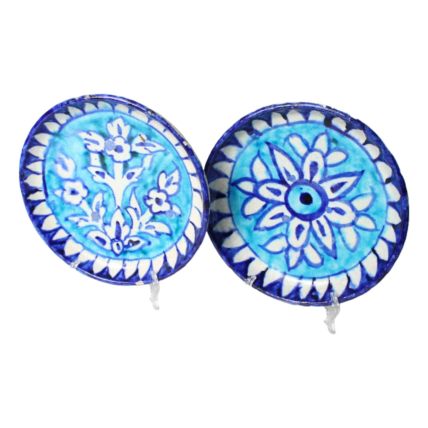 Antique Persian Wall Plates – Set of 2 | Blue and Turquoise Ceramic with Floral and Geometric Patterns | 19th Century Qajar Style