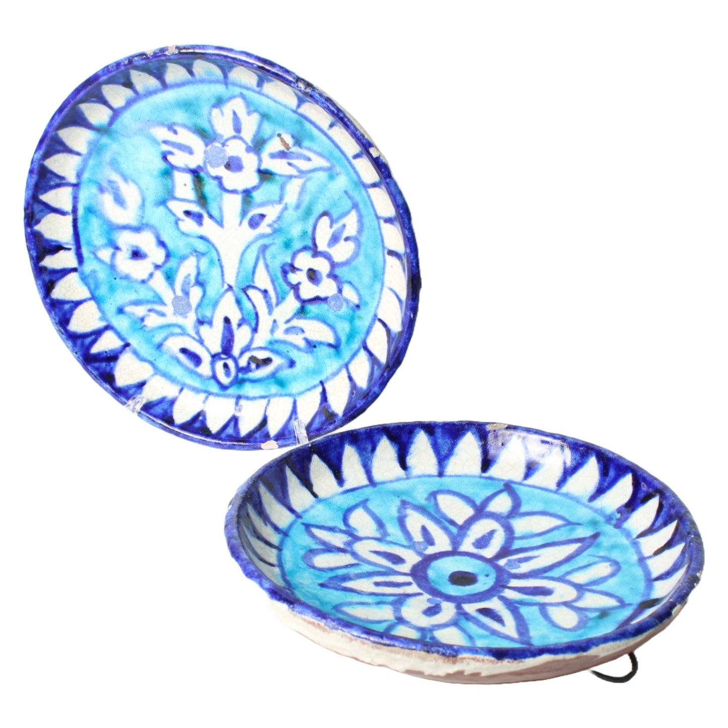 Antique Persian Wall Plates – Set of 2 | Blue and Turquoise Ceramic with Floral and Geometric Patterns | 19th Century Qajar Style