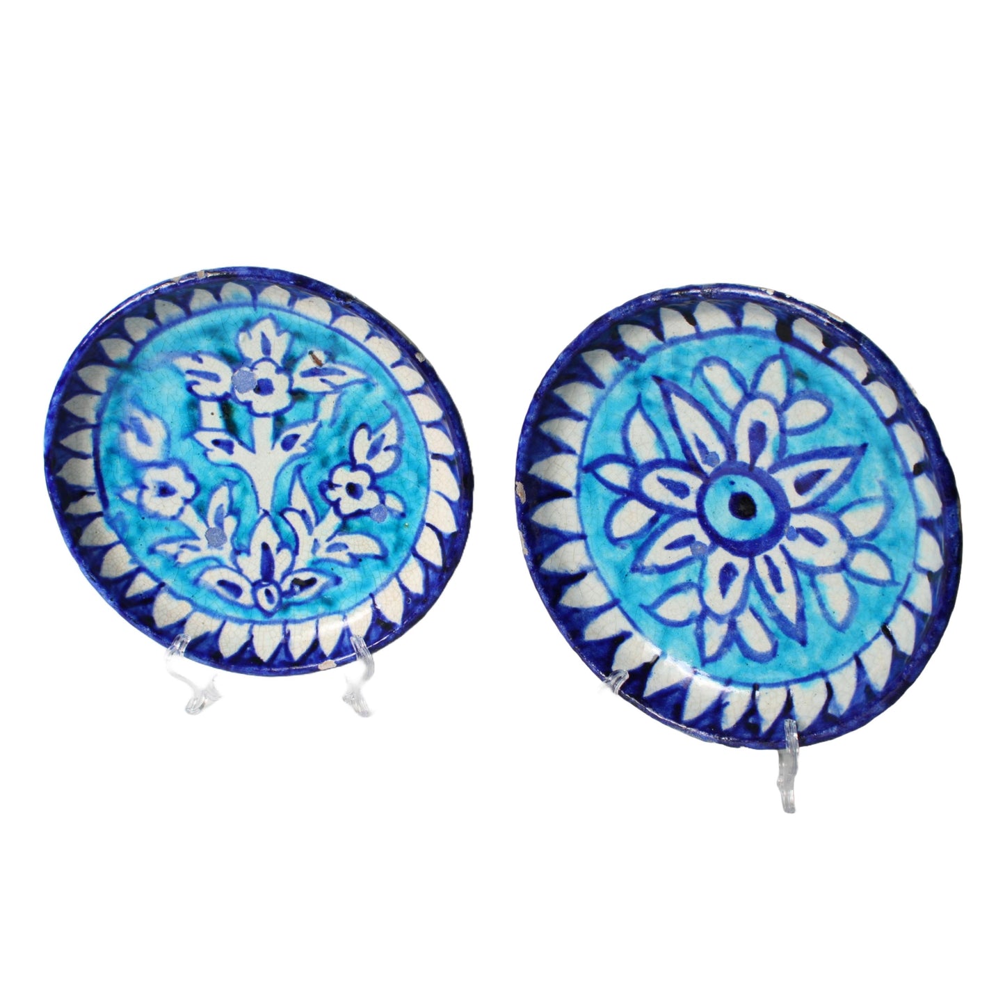 Antique Persian Wall Plates – Set of 2 | Blue and Turquoise Ceramic with Floral and Geometric Patterns | 19th Century Qajar Style