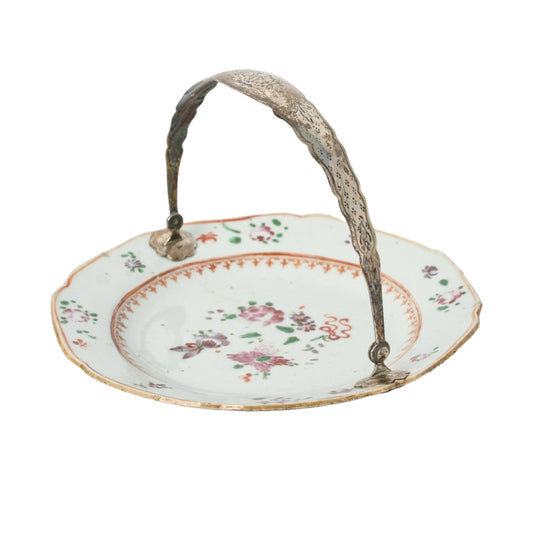 18th-Century Chinese Basket Dish with Silver Handle | Famille Rose Porcelain with European Mount | Qianlong Period (ca. 1736–1795)