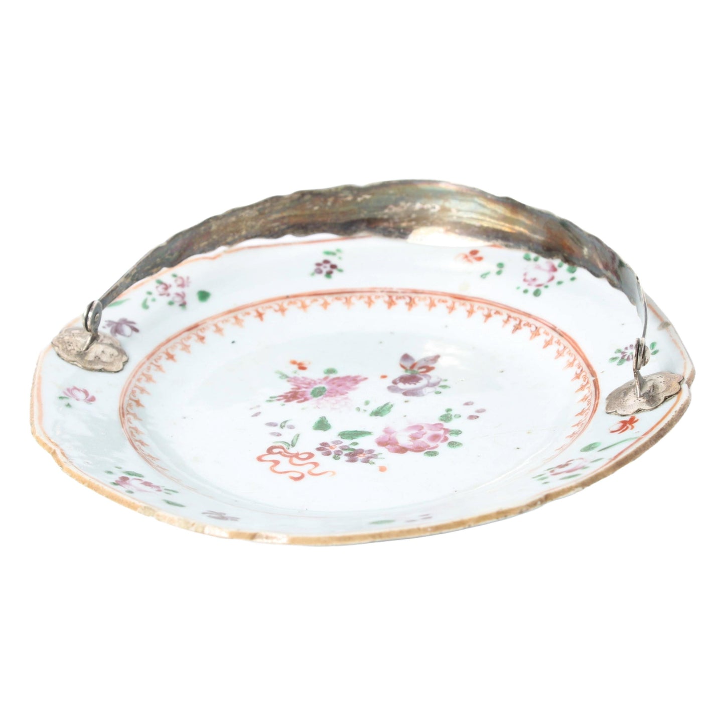 18th-Century Chinese Basket Dish with Silver Handle | Famille Rose Porcelain with European Mount | Qianlong Period (ca. 1736–1795)