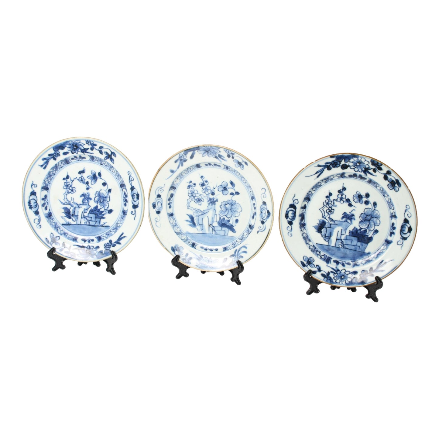 Set of Three 18th-Century Chinese Kangxi/Yongzheng Porcelain Dishes with Floral Blue-and-White Decoration, ca. 1700–1730