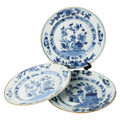 Set of Three 18th-Century Chinese Kangxi/Yongzheng Porcelain Dishes with Floral Blue-and-White Decoration, ca. 1700–1730