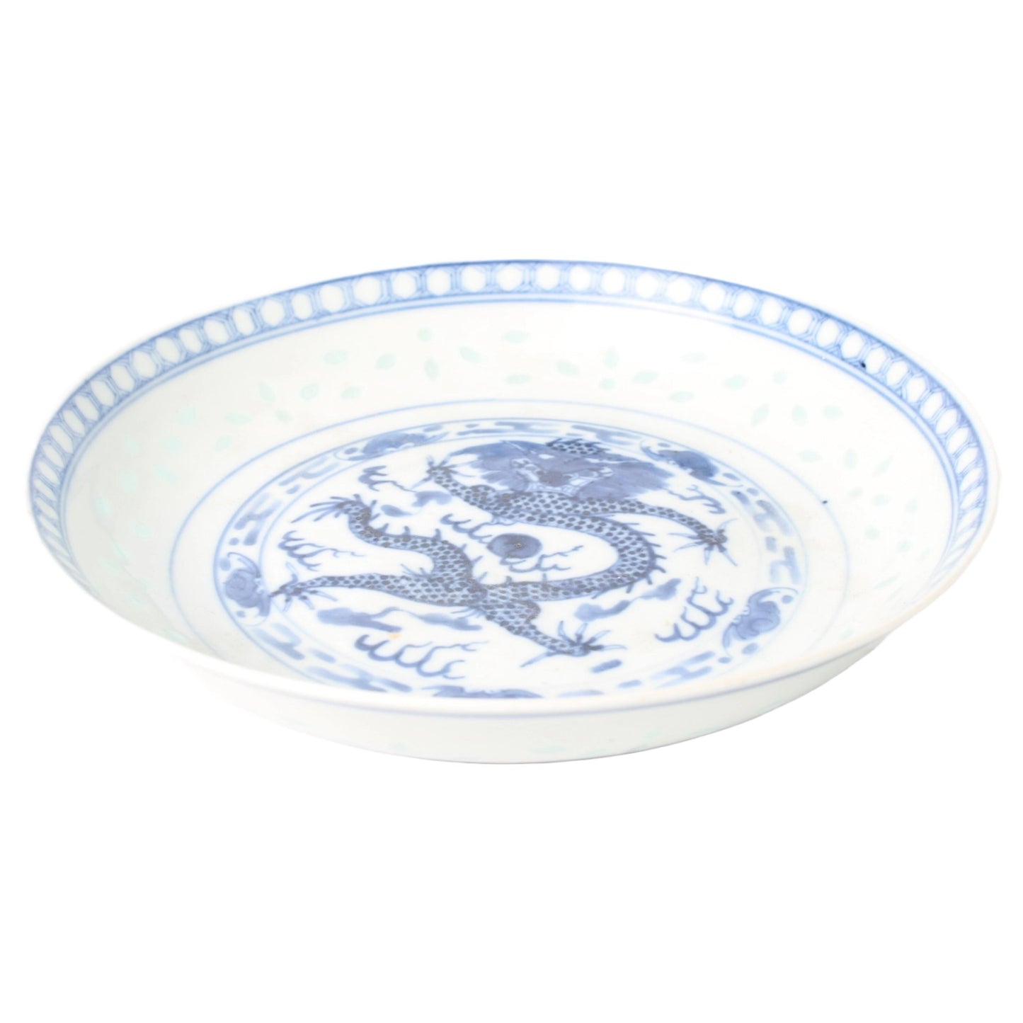 Rare Chinese Porcelain Dragon Plate with Five-Clawed Dragon, Guangxu Period (1875–1908), Underglaze Blue & Transparent Glaze