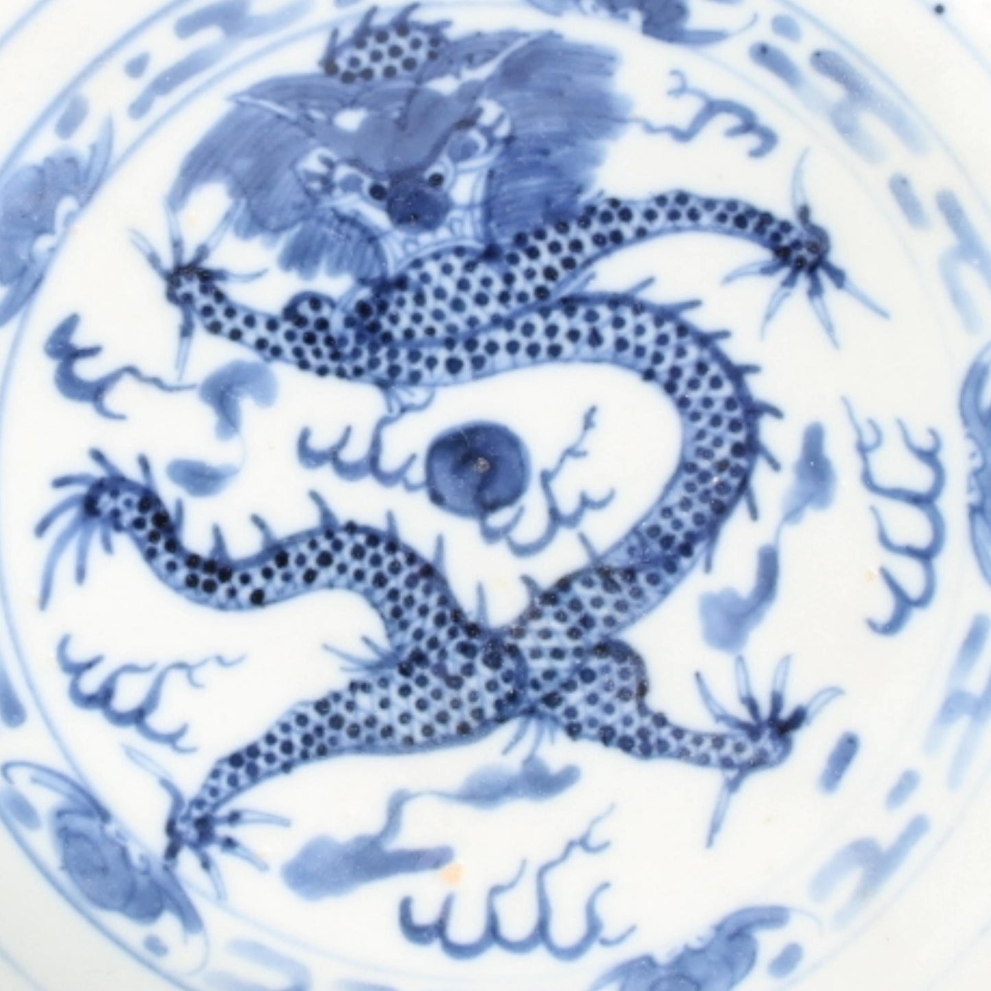 Rare Chinese Porcelain Dragon Plate with Five-Clawed Dragon, Guangxu Period (1875–1908), Underglaze Blue & Transparent Glaze