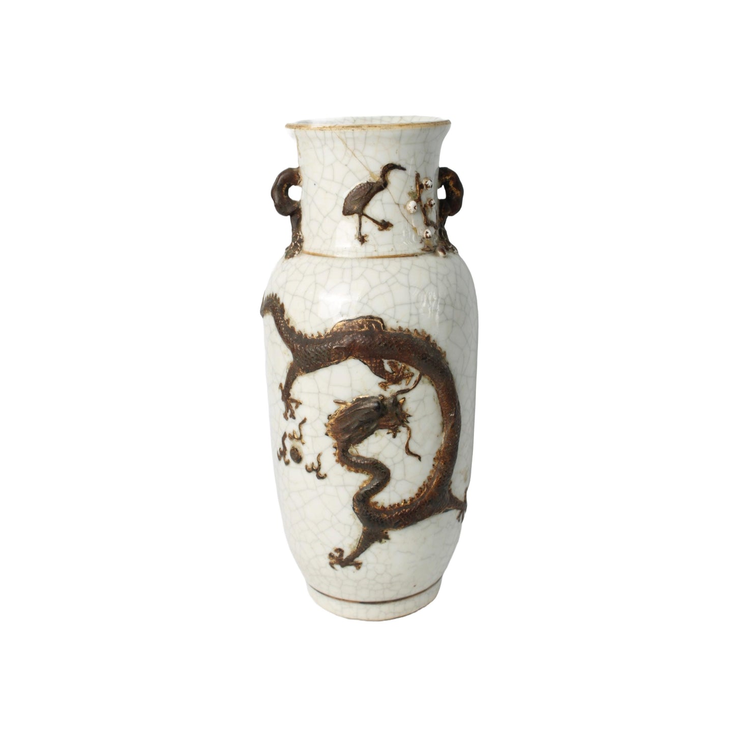 Rare Antique Chinese Nanking Crackle Vase with Bronze-Colored Relief Dragon, Handmade circa 1880–1920, Export Porcelain