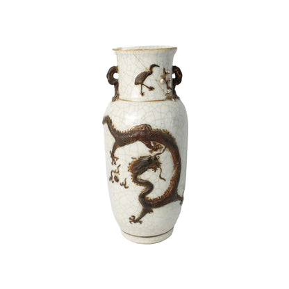 Rare Antique Chinese Nanking Crackle Vase with Bronze-Colored Relief Dragon, Handmade circa 1880–1920, Export Porcelain