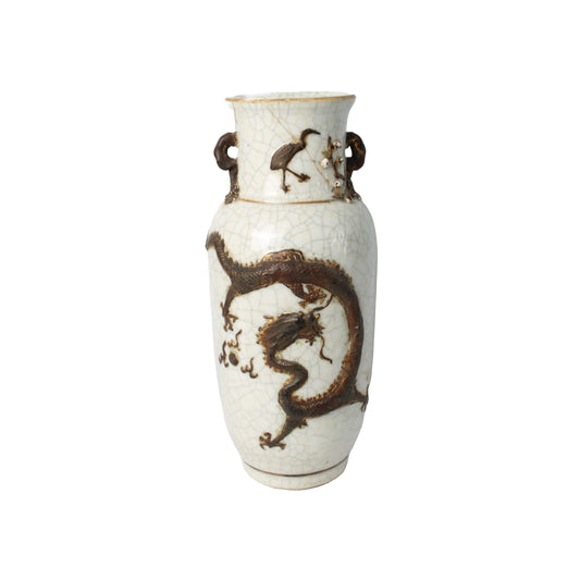 Rare Antique Chinese Nanking Crackle Vase with Bronze-Colored Relief Dragon, Handmade circa 1880–1920, Export Porcelain