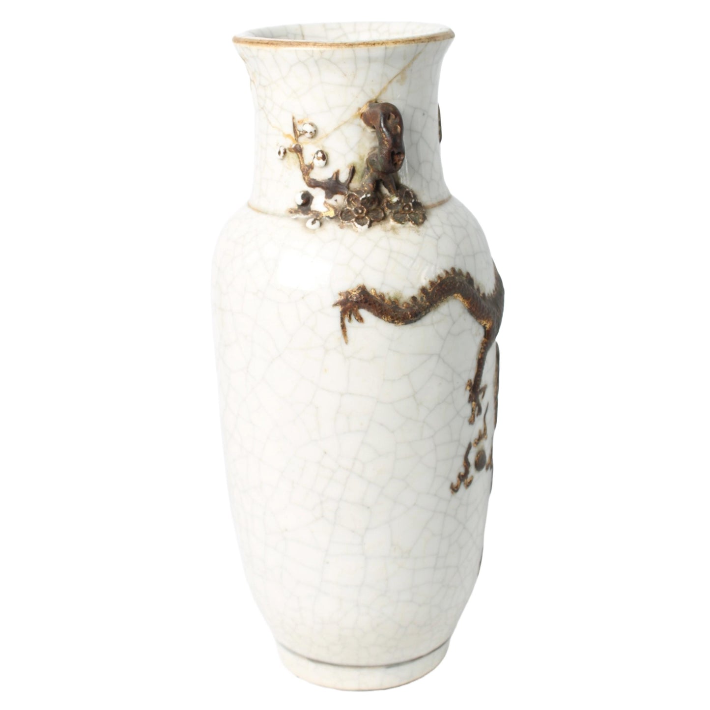 Rare Antique Chinese Nanking Crackle Vase with Bronze-Colored Relief Dragon, Handmade circa 1880–1920, Export Porcelain