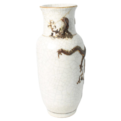 Rare Antique Chinese Nanking Crackle Vase with Bronze-Colored Relief Dragon, Handmade circa 1880–1920, Export Porcelain