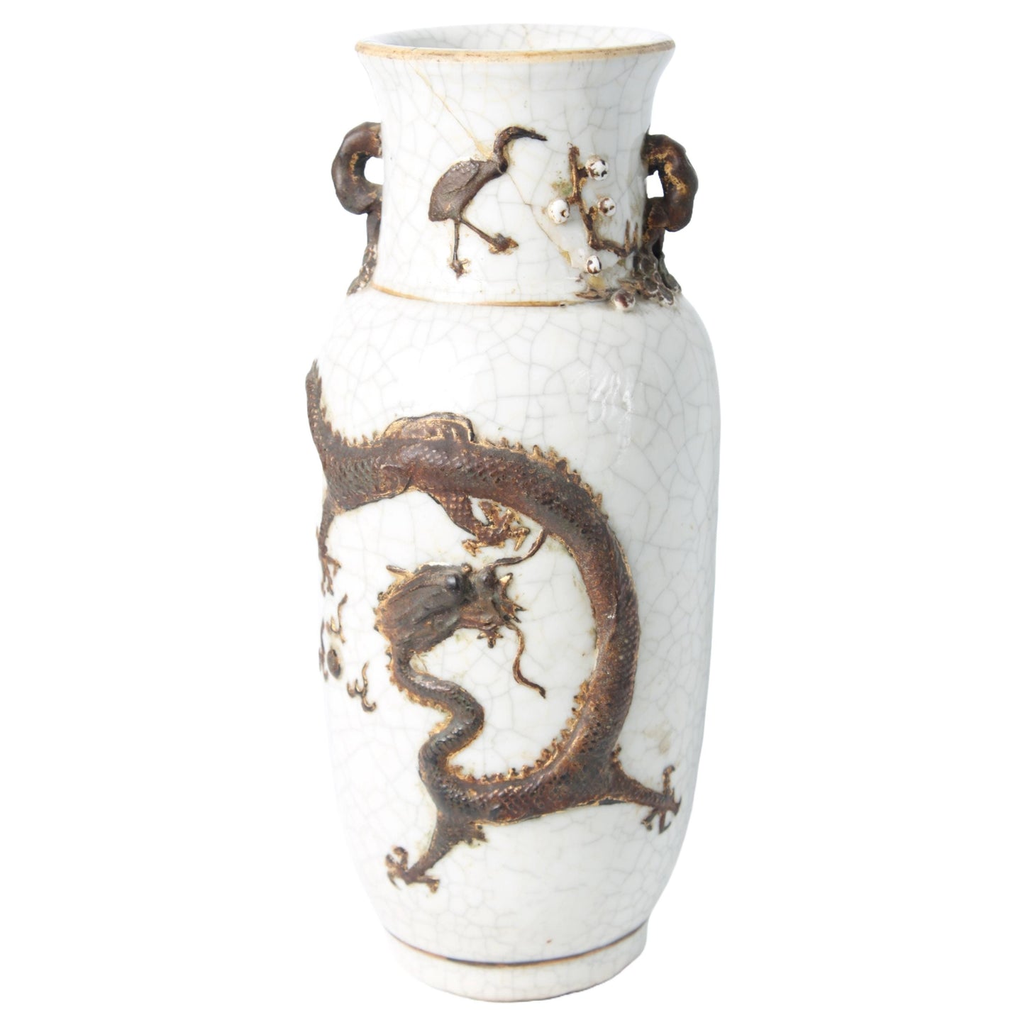 Rare Antique Chinese Nanking Crackle Vase with Bronze-Colored Relief Dragon, Handmade circa 1880–1920, Export Porcelain
