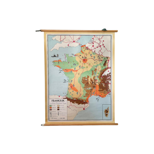 Vintage schoolkaart Frankrijk op canvas  Wanddecoratie 75×100 cm  Landbouw, industrie en topografie  Bakker & Rusch 19551970