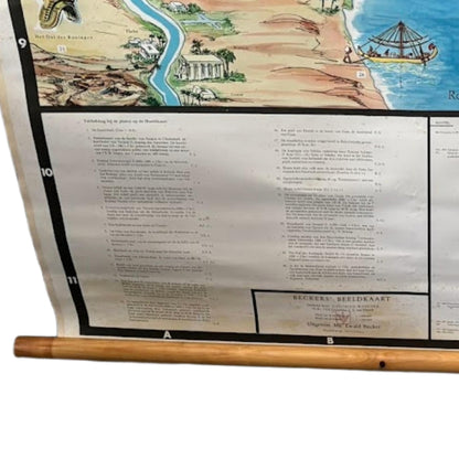 Zeldzame XXL Bijbelse wandkaart “Beeldkaart bij het Oude Testament ca. 1950  met 26 Bijbelverhalen en inzetkaart de 12 stammen van Israël