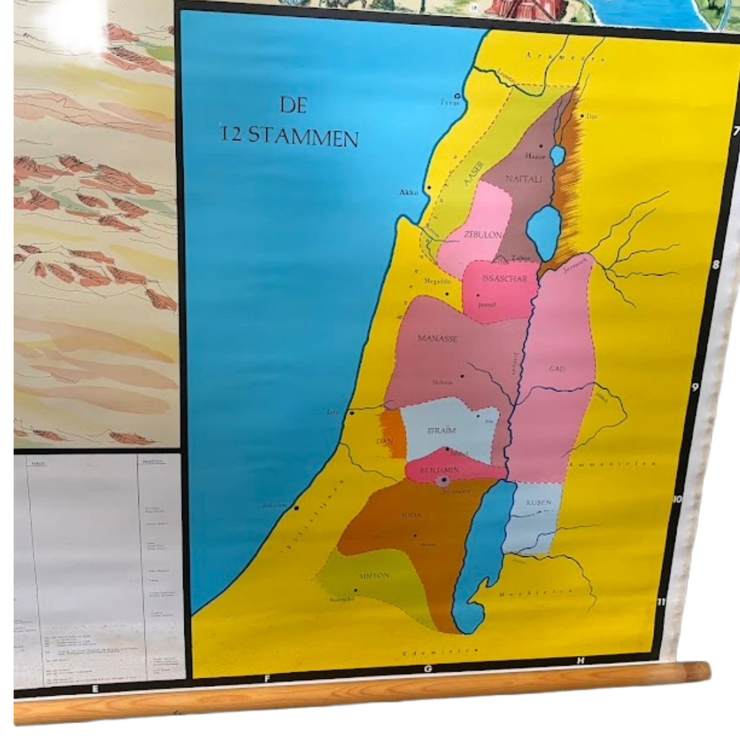 Zeldzame XXL Bijbelse wandkaart “Beeldkaart bij het Oude Testament ca. 1950  met 26 Bijbelverhalen en inzetkaart de 12 stammen van Israël