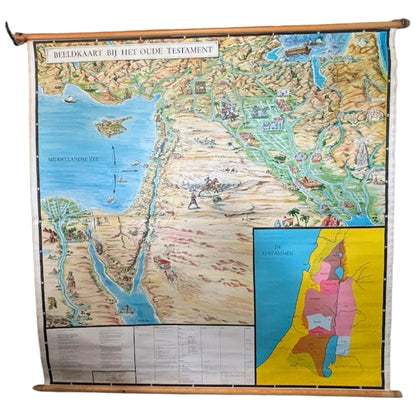 Zeldzame XXL Bijbelse wandkaart “Beeldkaart bij het Oude Testament ca. 1950  met 26 Bijbelverhalen en inzetkaart de 12 stammen van Israël