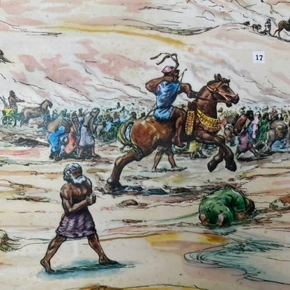 Zeldzame XXL Bijbelse wandkaart “Beeldkaart bij het Oude Testament ca. 1950  met 26 Bijbelverhalen en inzetkaart de 12 stammen van Israël