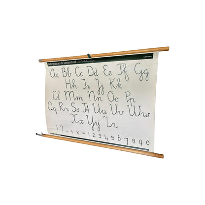 Vintage Nederlandse dubbelzijdige schoolletterkaart voor linkshandigen met alfabet, cijfers en leestekens   ca. 19801995