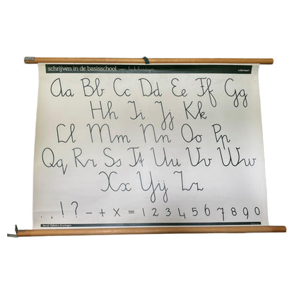 Vintage Nederlandse dubbelzijdige schoolletterkaart voor linkshandigen met alfabet, cijfers en leestekens   ca. 19801995