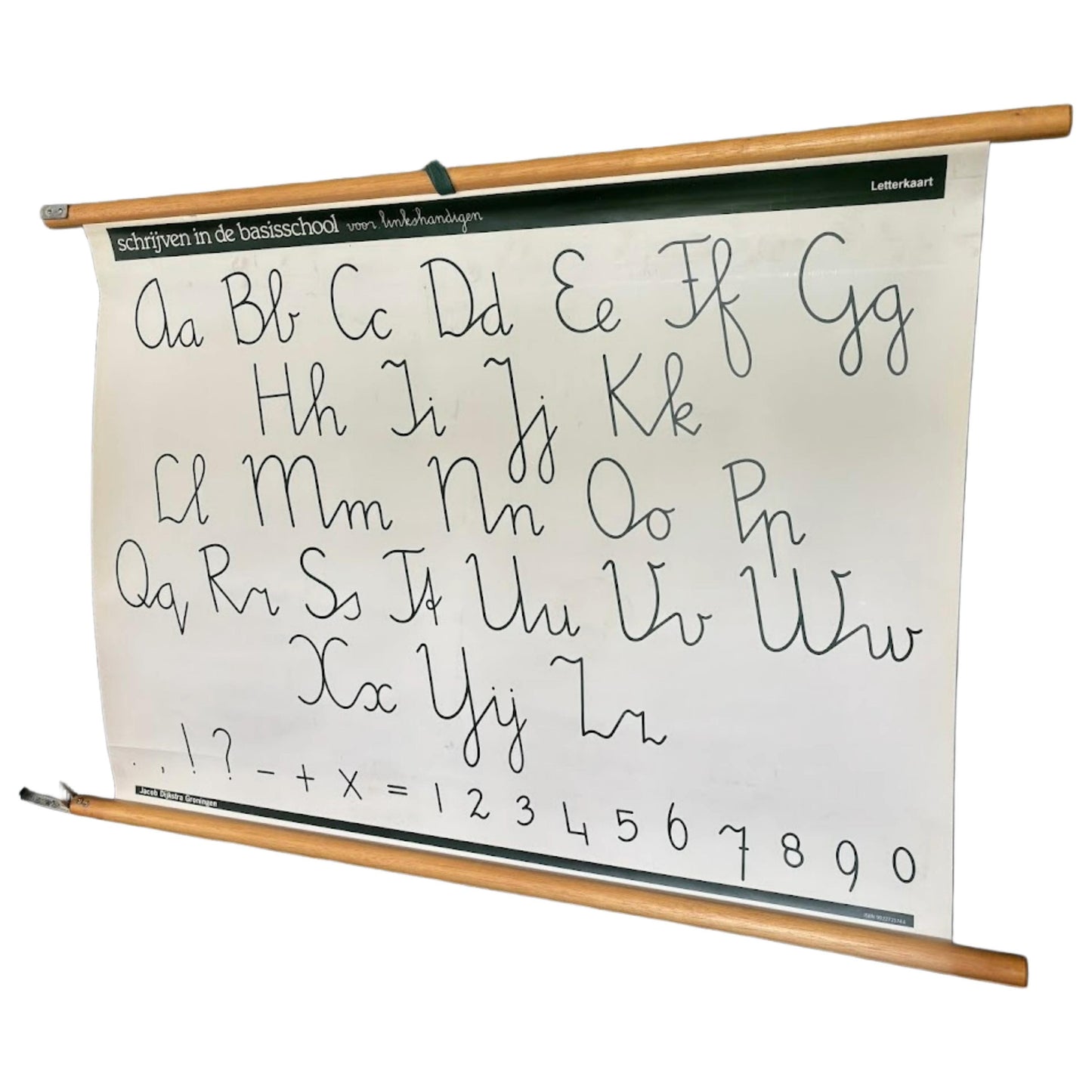Vintage Nederlandse dubbelzijdige schoolletterkaart voor linkshandigen met alfabet, cijfers en leestekens   ca. 19801995