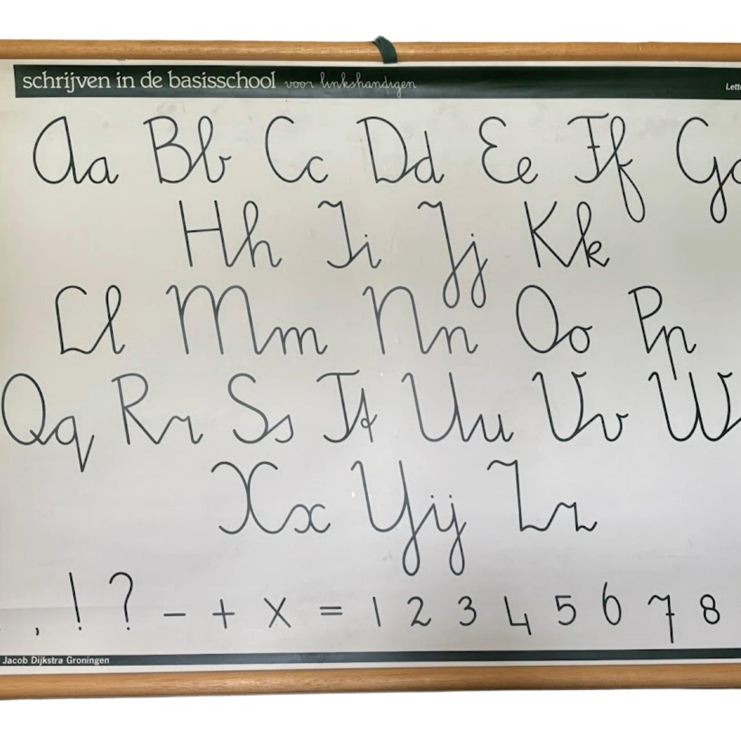 Vintage Nederlandse dubbelzijdige schoolletterkaart voor linkshandigen met alfabet, cijfers en leestekens   ca. 19801995