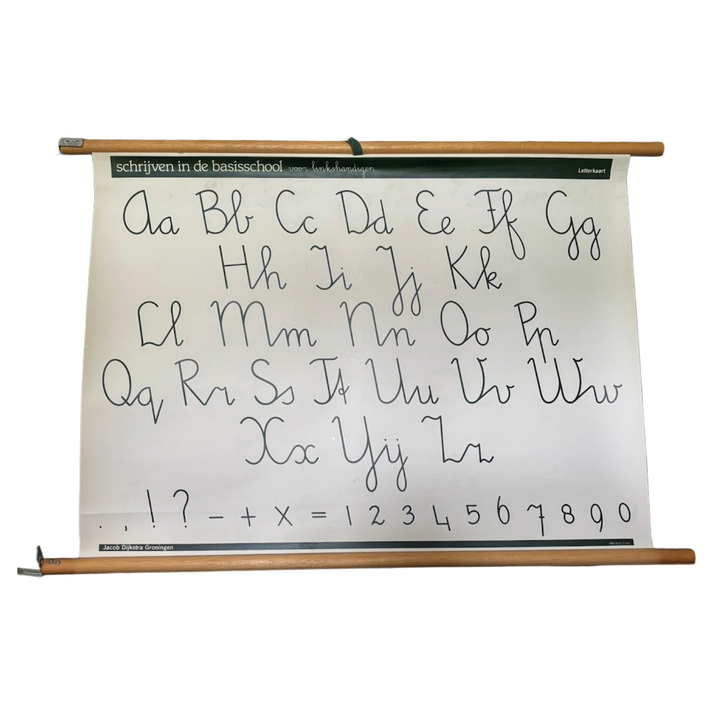 Vintage Nederlandse dubbelzijdige schoolletterkaart voor linkshandigen met alfabet, cijfers en leestekens   ca. 19801995