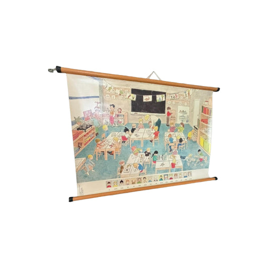 Zeldzame vintage schoolkaart 'De Leessleutel' van Malmberg met illustratie van klaslokaal door The Tjong Khing  jaren 80 wandkaart